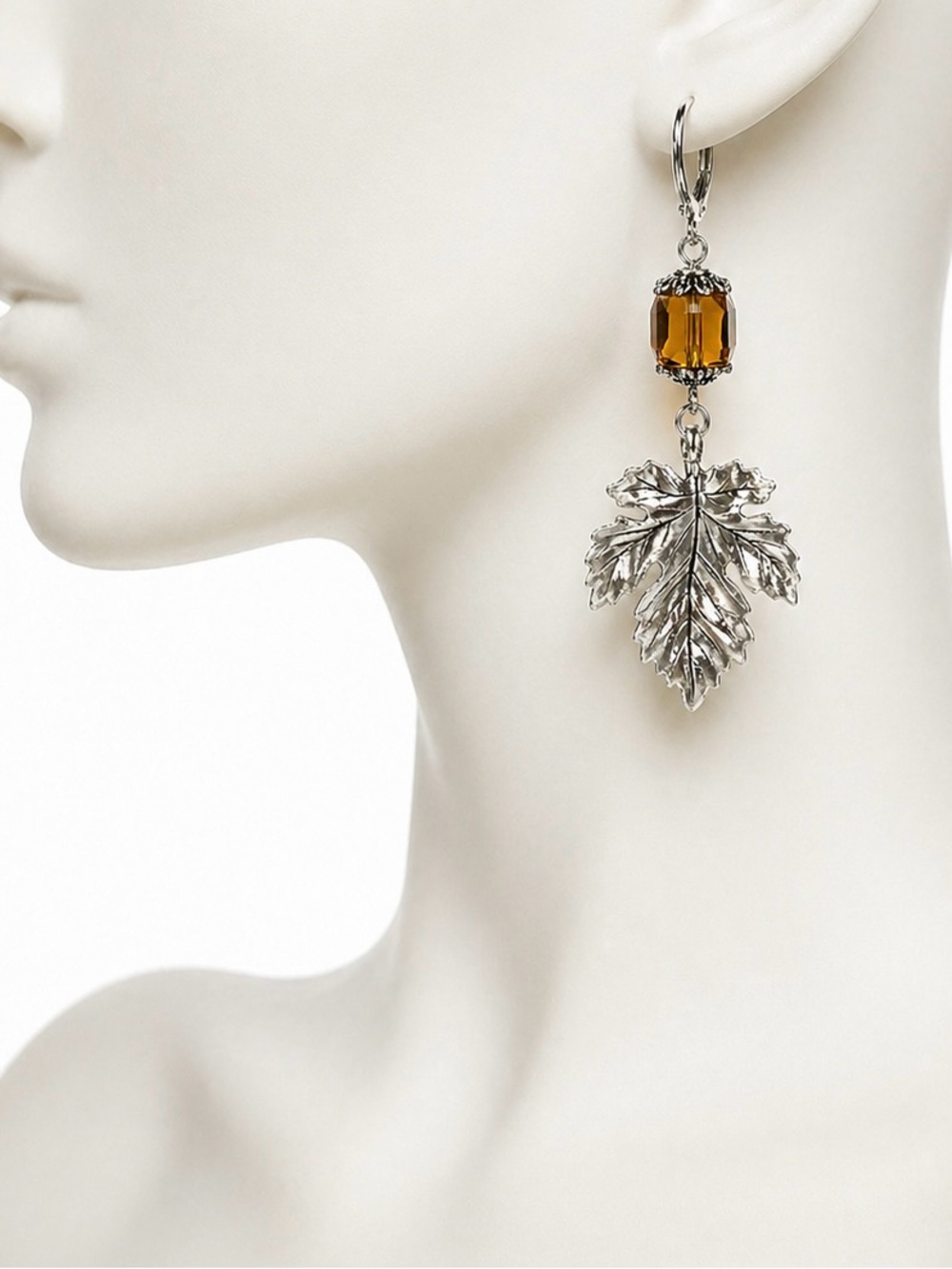 Amber Leaf Earrings, Silver Botanical Dangle, Nature Inspired Jewelry - Picture 3 of 5